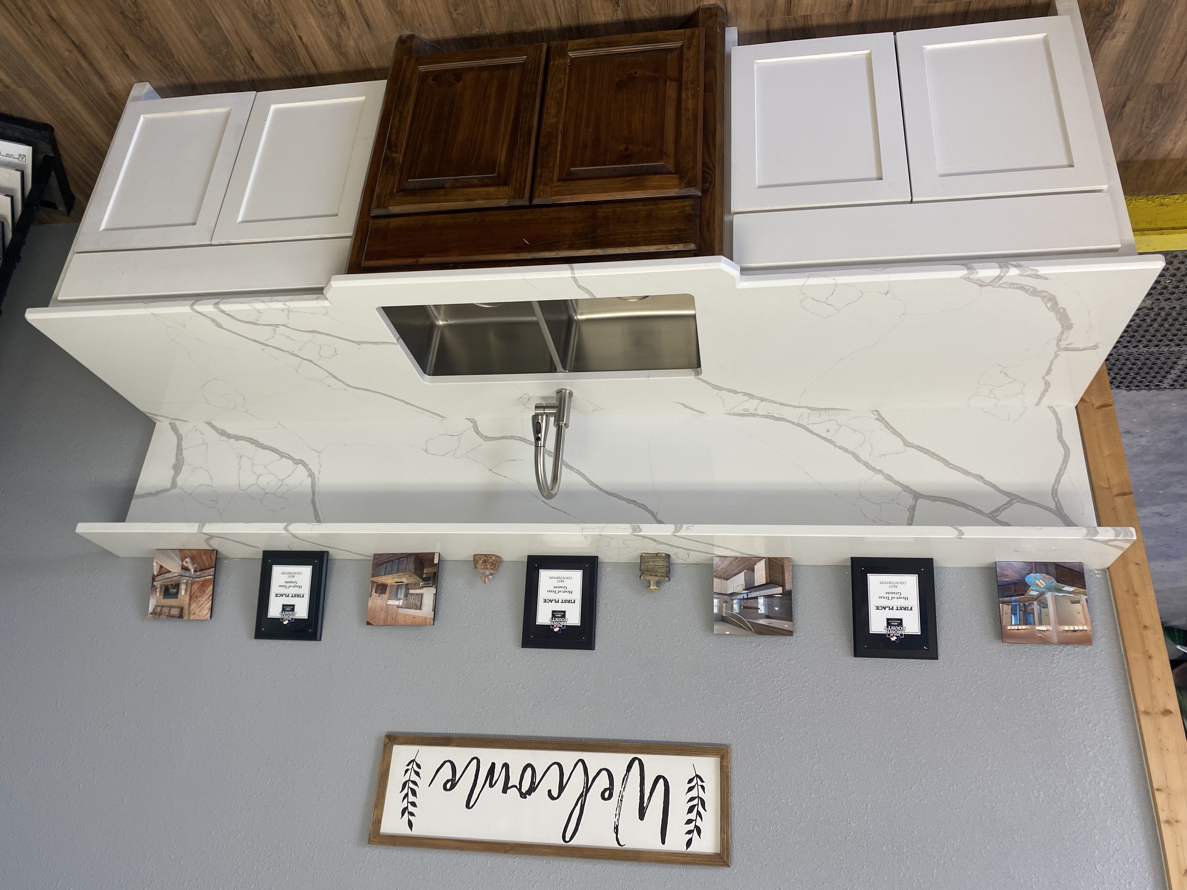 Heart of Texas Granite & Marble showroom quartz display — award-winning countertop fabrication Brownwood TX